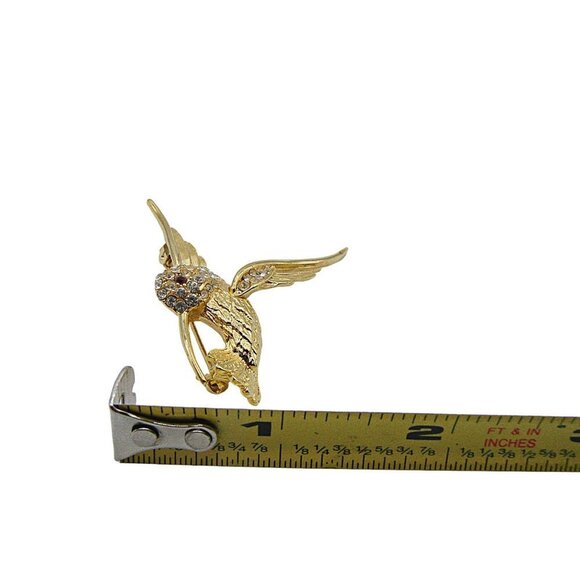 Vintage Hummingbird Brooch Pin Rhinestones Clear Red Crystal Gold Tone 1.75x1.5" - Picture 10 of 12